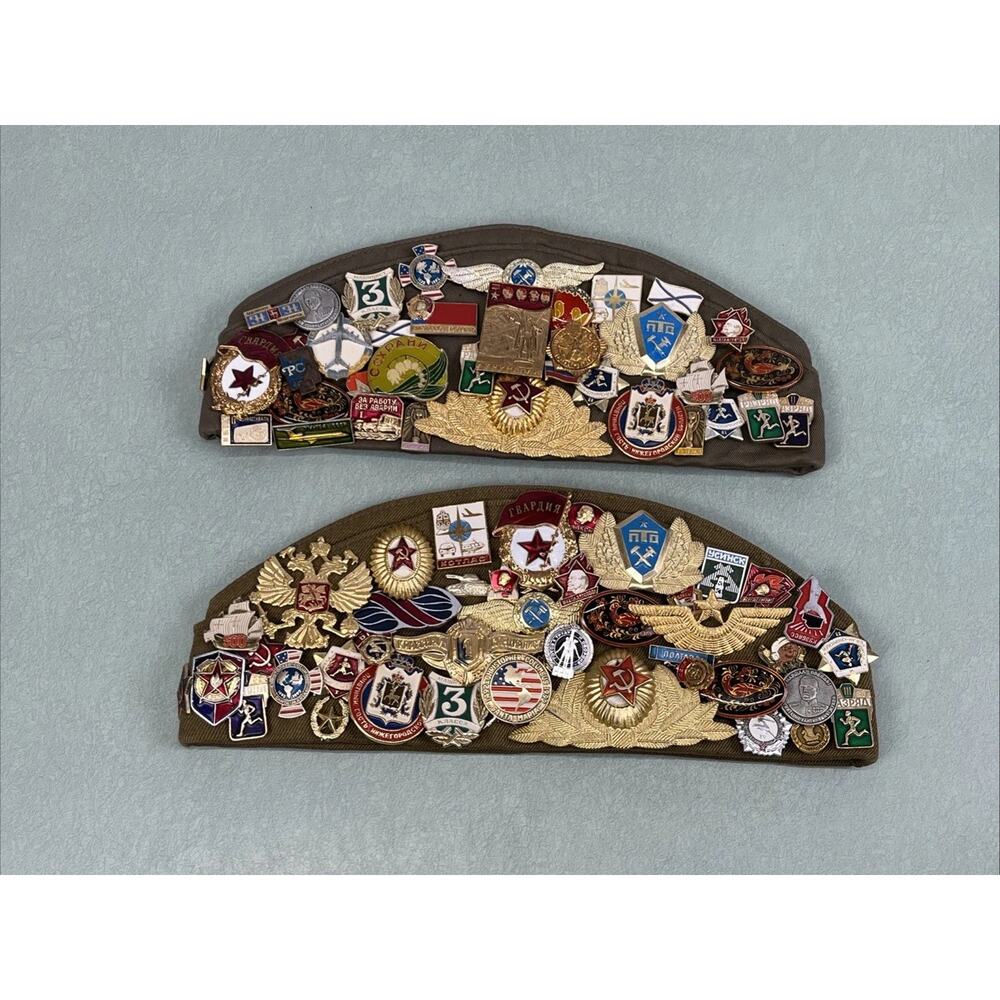 Vintage Russia USSR Cap Hat And Assorted Military Pins and Patches